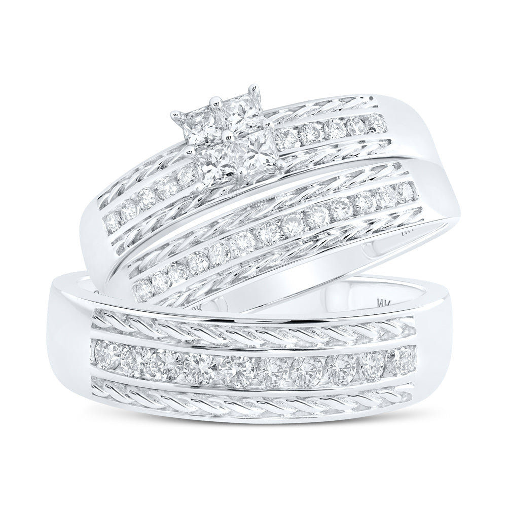 10kt White Gold His Hers Princess Diamond Square Matching Wedding Set 3/4 Cttw