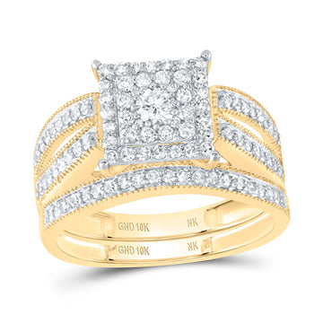 10kt Yellow Gold Round Diamond Square Bridal Wedding Ring Band Set 3/4 Cttw