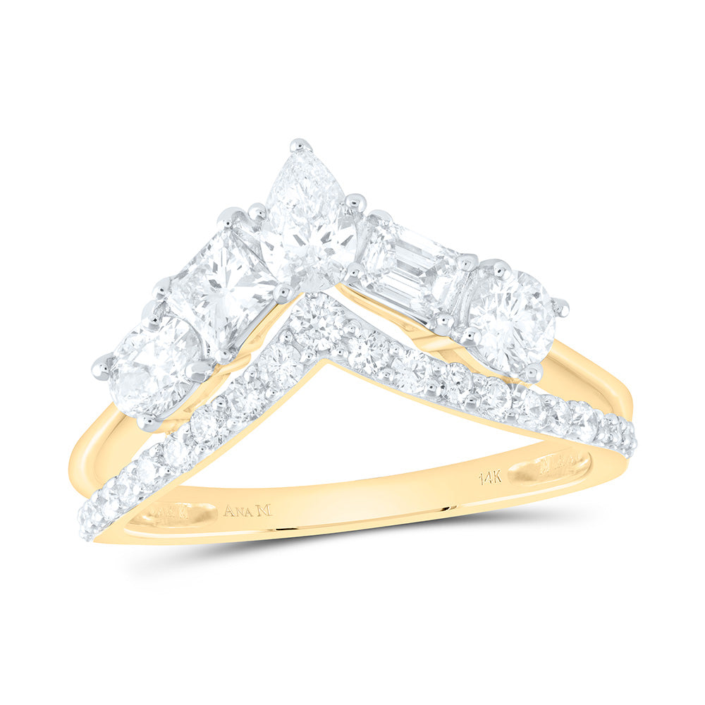 14kt Yellow Gold Womens Round Princess Pear Diamond Chevron Fashion Ring 1-3/8 Cttw