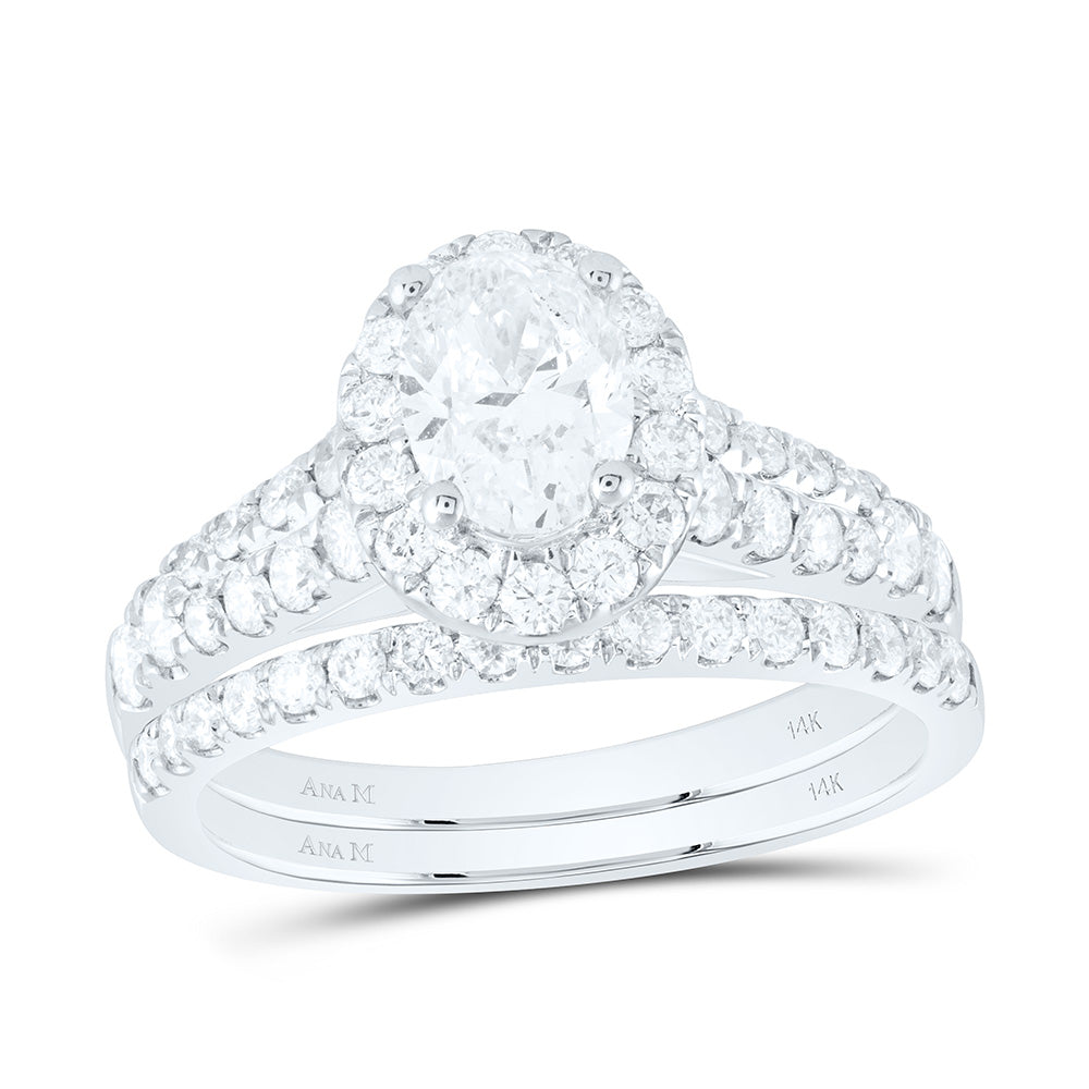 14kt White Gold Oval Diamond Halo Bridal Wedding Ring Band Set 2 Cttw