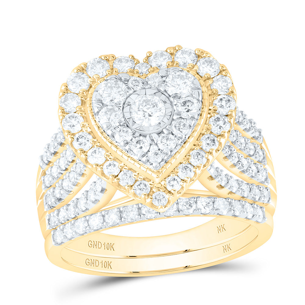 10kt Yellow Gold Round Diamond Heart Bridal Wedding Ring Band Set 1-1/2 Cttw