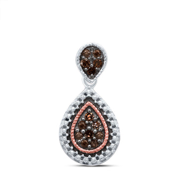 Sterling Silver Womens Round Brown Diamond Teardrop Cluster Pendant 1/6 Cttw