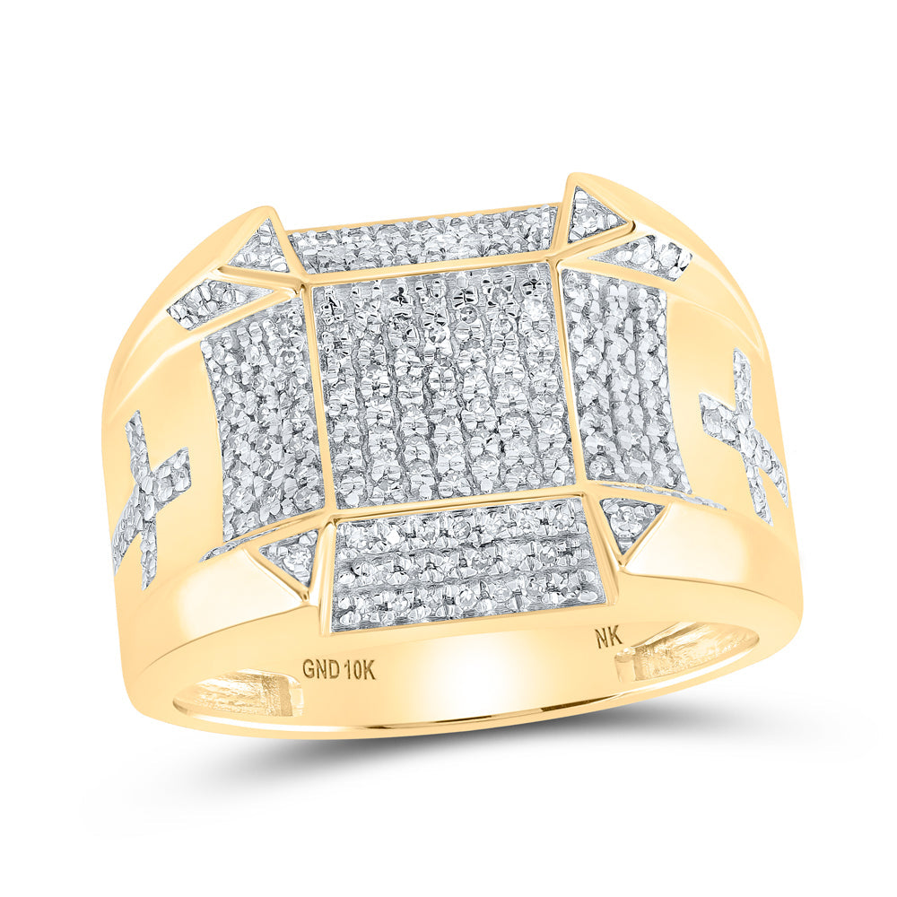 10kt Yellow Gold Mens Round Diamond Square Cross Ring 1/2 Cttw