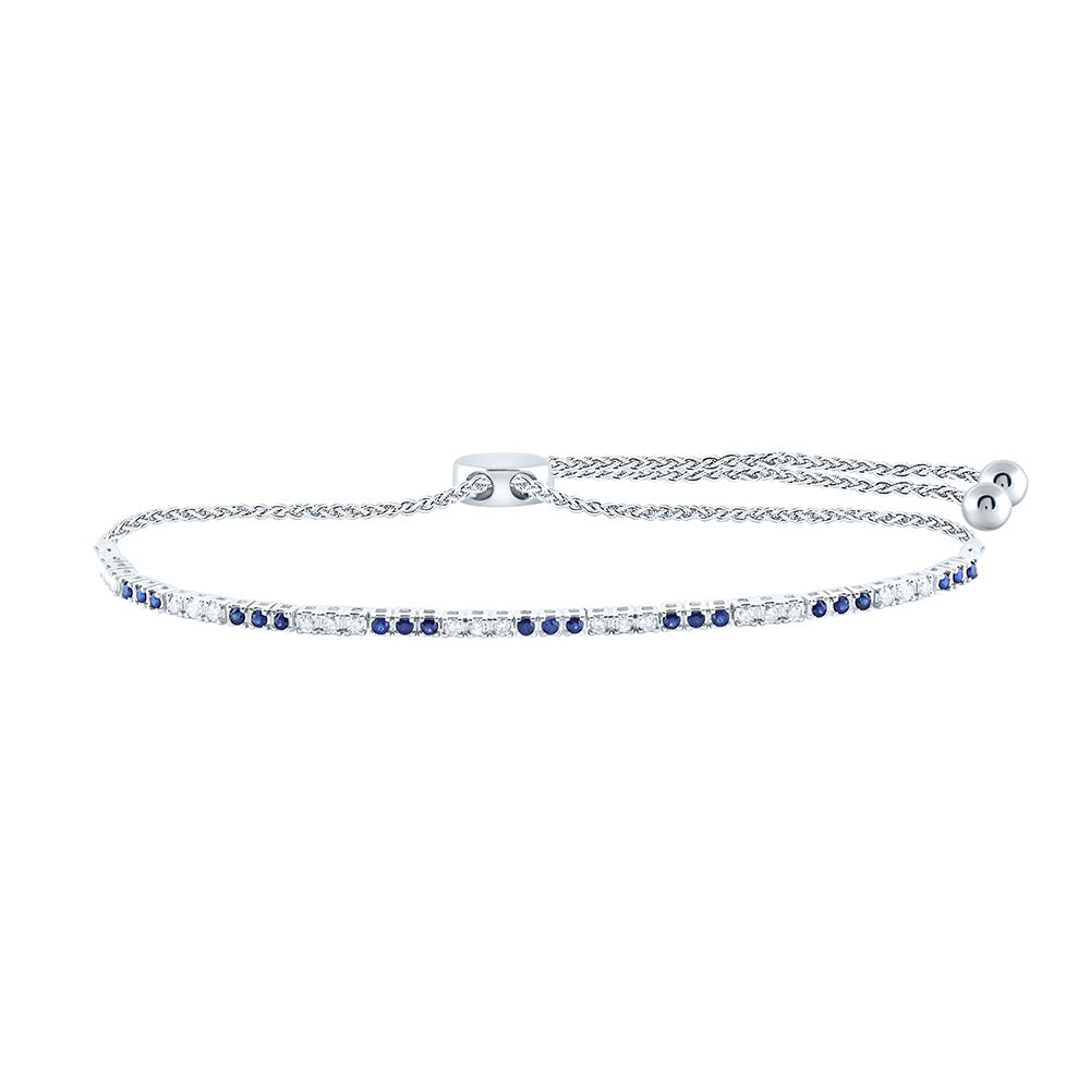 14kt White Gold Womens Round Blue Sapphire Diamond Bolo Bracelet 7/8 Cttw