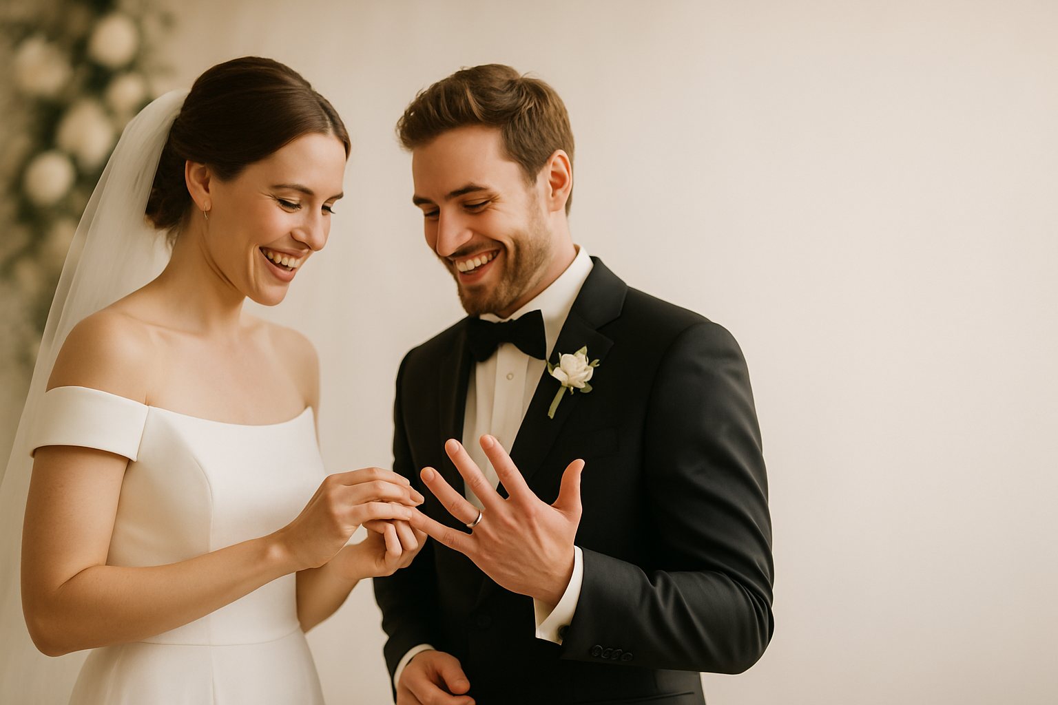 white man and women getting married and showing rings and leave some space on the right to add text