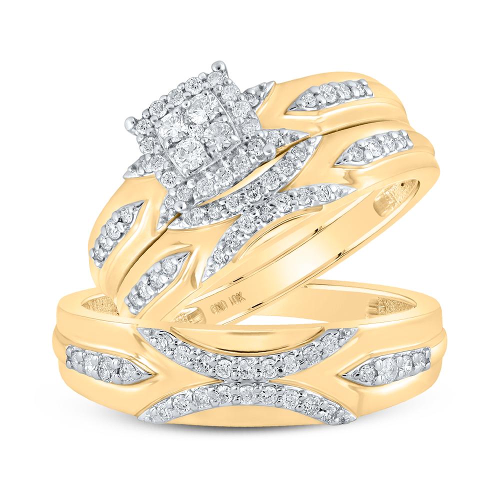 10kt Yellow Gold His Hers Round Diamond Cluster Matching Wedding Set 1/2 Cttw