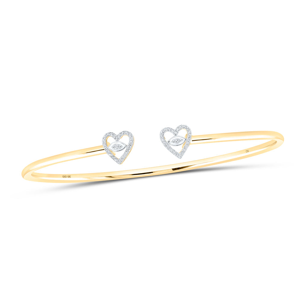 10kt Yellow Gold Womens Round Diamond Heart Bangle Bracelet 1/10 Cttw
