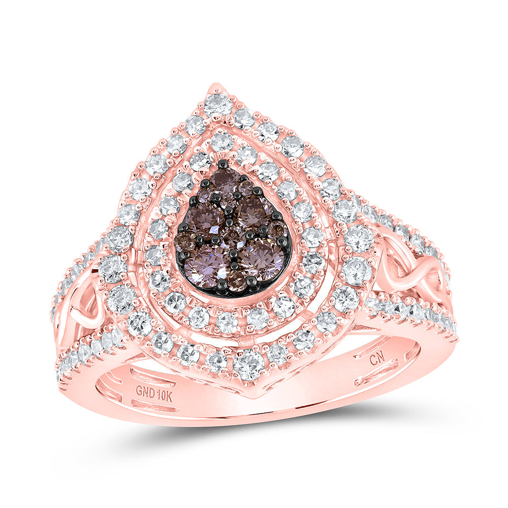 10kt Rose Gold Womens Round Brown Diamond Teardrop Ring 7/8 Cttw