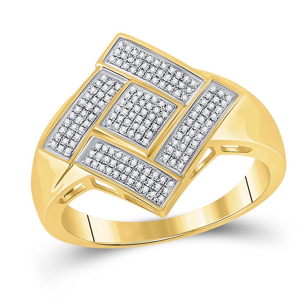 10kt Yellow Gold Mens Round Diamond Diagonal Offset Square Ring 1/3 Cttw