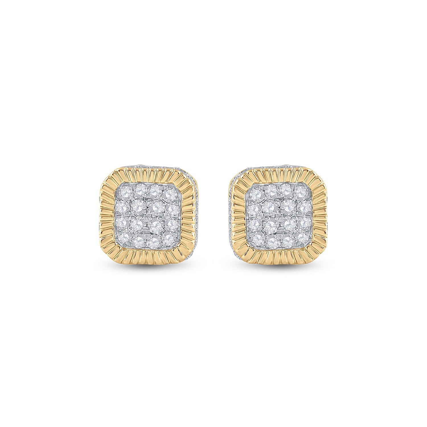 10kt Yellow Gold Mens Round Diamond Cluster Fluted Square Stud Earrings 1/2 Cttw