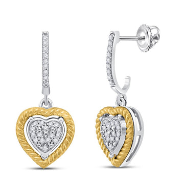 10kt Two-tone Gold Womens Round Diamond Rope Heart Dangle Earrings 1/8 Cttw