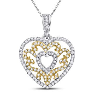 10kt Yellow Gold Womens Round Diamond Nested Curl Heart Pendant 1/2 Cttw