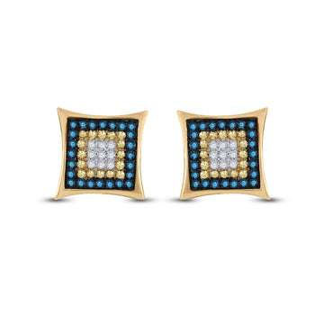 10kt Yellow Gold Mens Yellow Blue Color Enhanced Diamond Square Cluster Earrings 1/3 Cttw