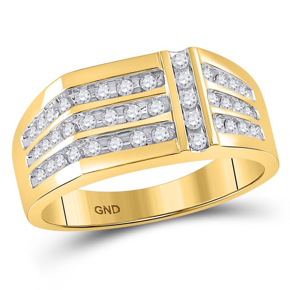 14kt Yellow Gold Mens Round Diamond Triple Row Intersecting Fashion Ring 1/2 Cttw