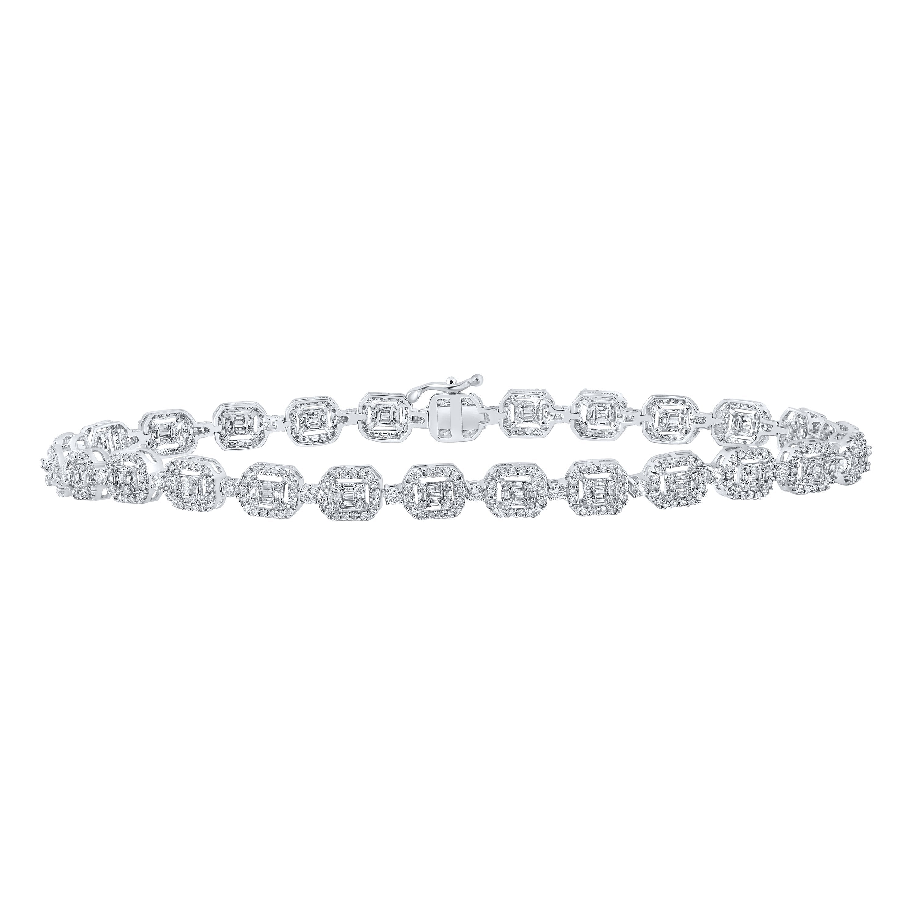 14kt White Gold Mens Baguette Diamond Geometric Link Bracelet 2-7/8 Cttw