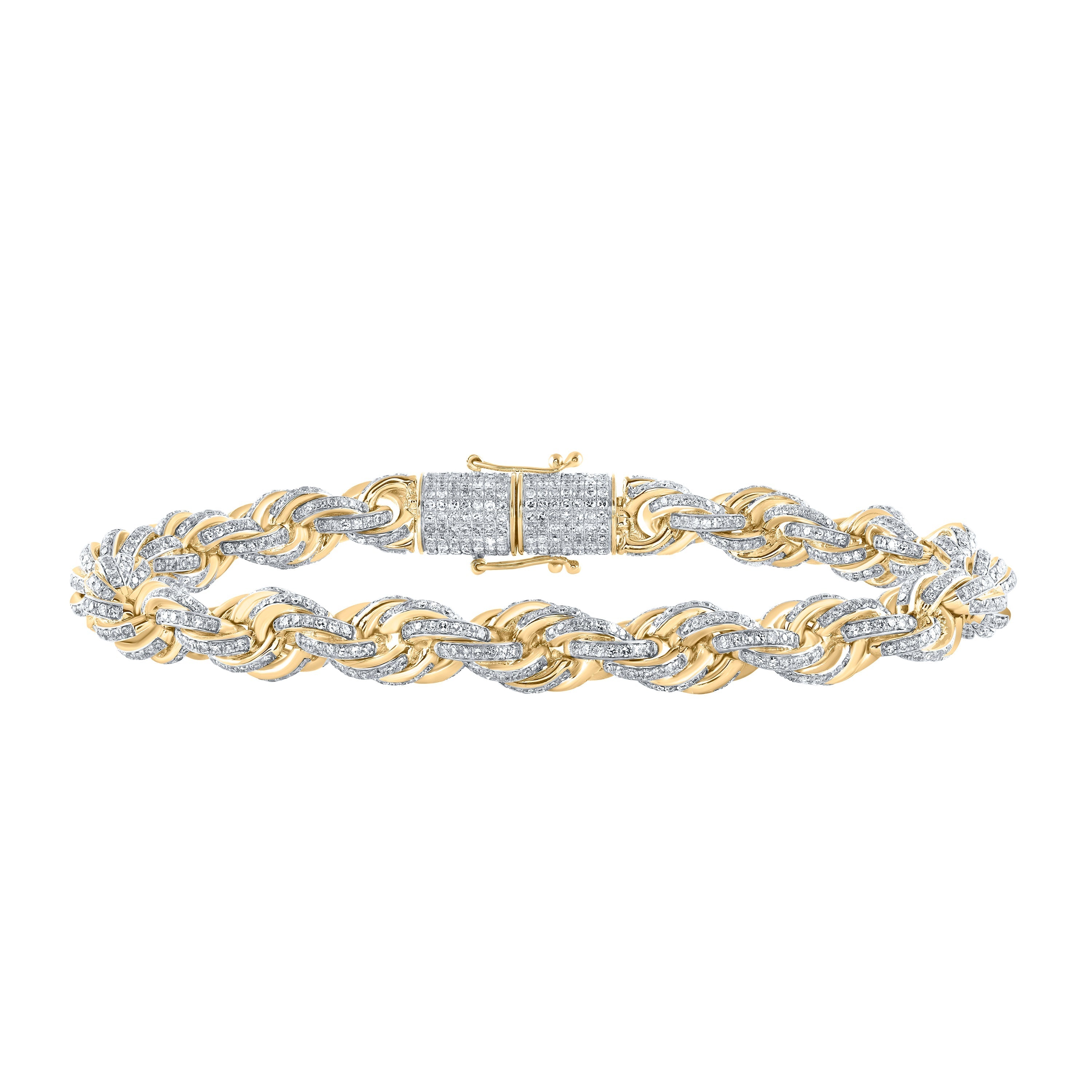 10kt Yellow Gold Mens Round Diamond 8.5-inch Rope Chain Bracelet 7-1/2 Cttw