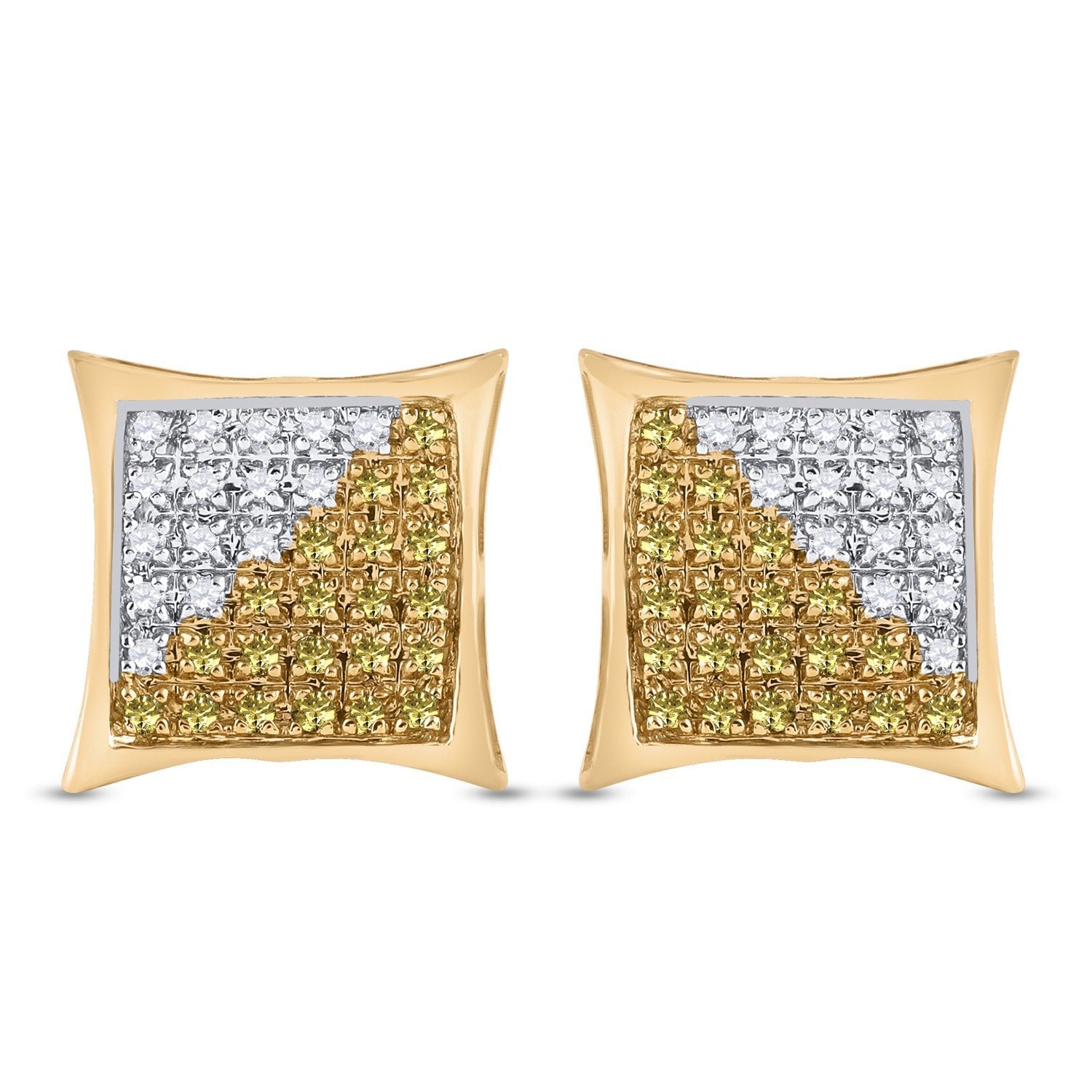 10kt Yellow Gold Mens Round Yellow Color Enhanced Diamond Square Cluster Earrings 1/4 Cttw