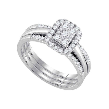 14kt White Gold Diamond Cluster Amour Bridal Wedding Ring Band Set 1/2 Cttw