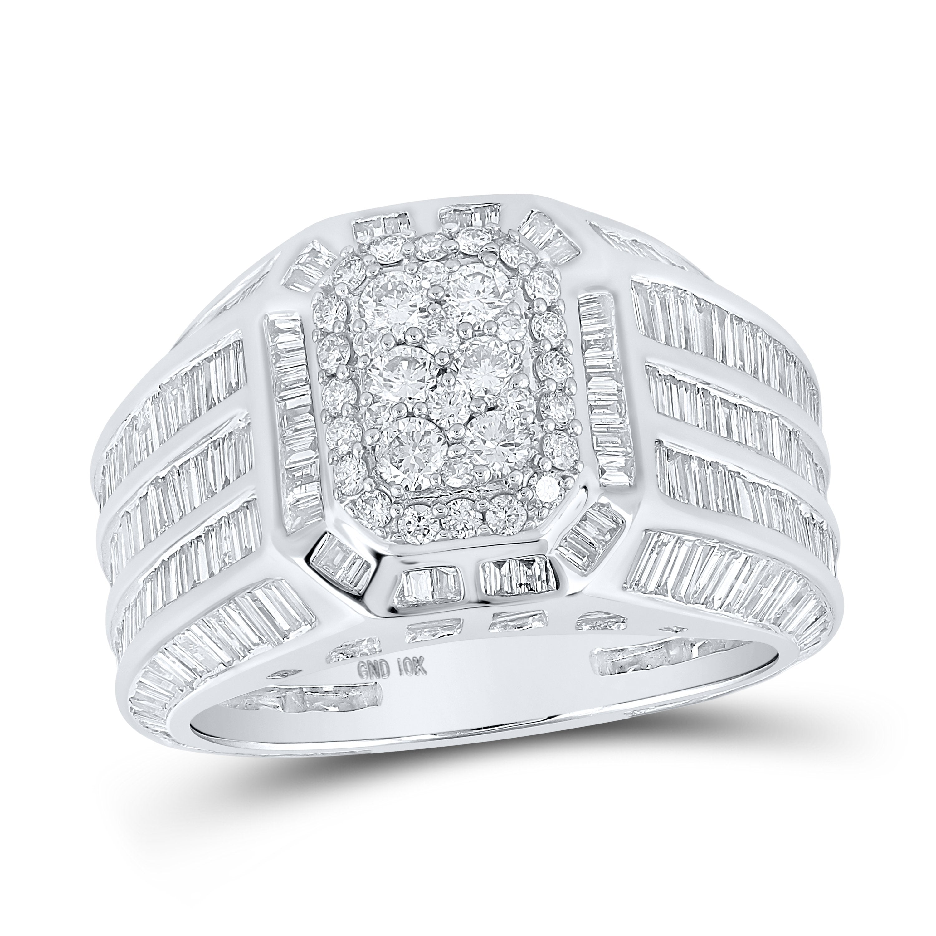 10kt White Gold Mens Baguette Diamond Rectangle Cluster Ring 4-3/4 Cttw