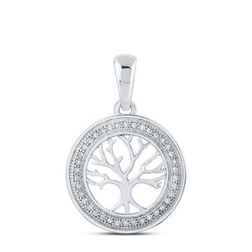 10kt White Gold Womens Round Diamond Tree of Life Circle Pendant 1/10 Cttw
