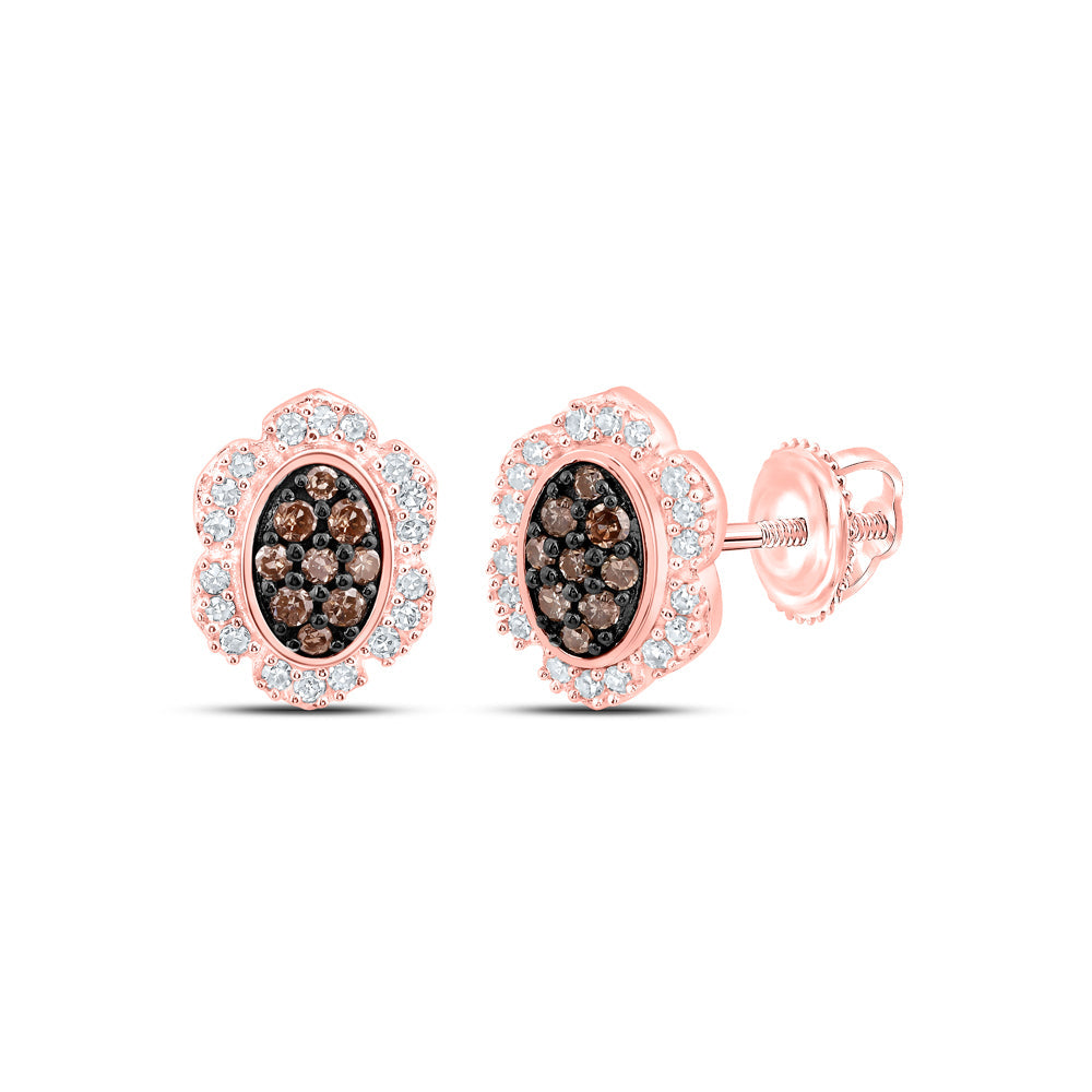 10kt Rose Gold Womens Round Brown Diamond Oval Earrings 1/5 Cttw