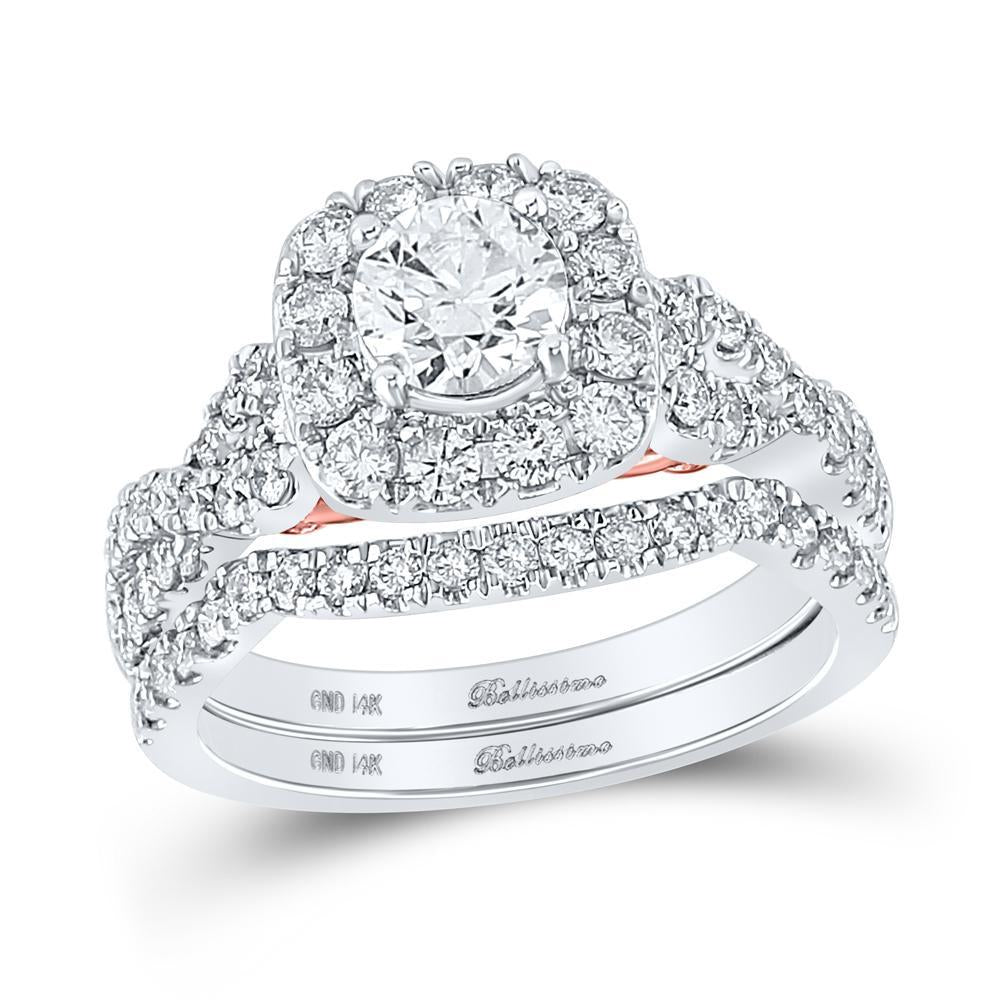 14kt Two-tone Gold Round Diamond Halo Bridal Wedding Ring Band Set 1-3/4 Cttw