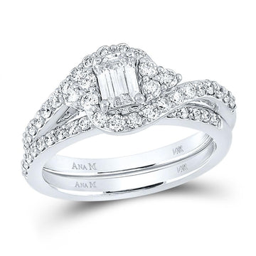 14kt White Gold Emerald Diamond Bridal Wedding Ring Band Set 1-1/4 Cttw