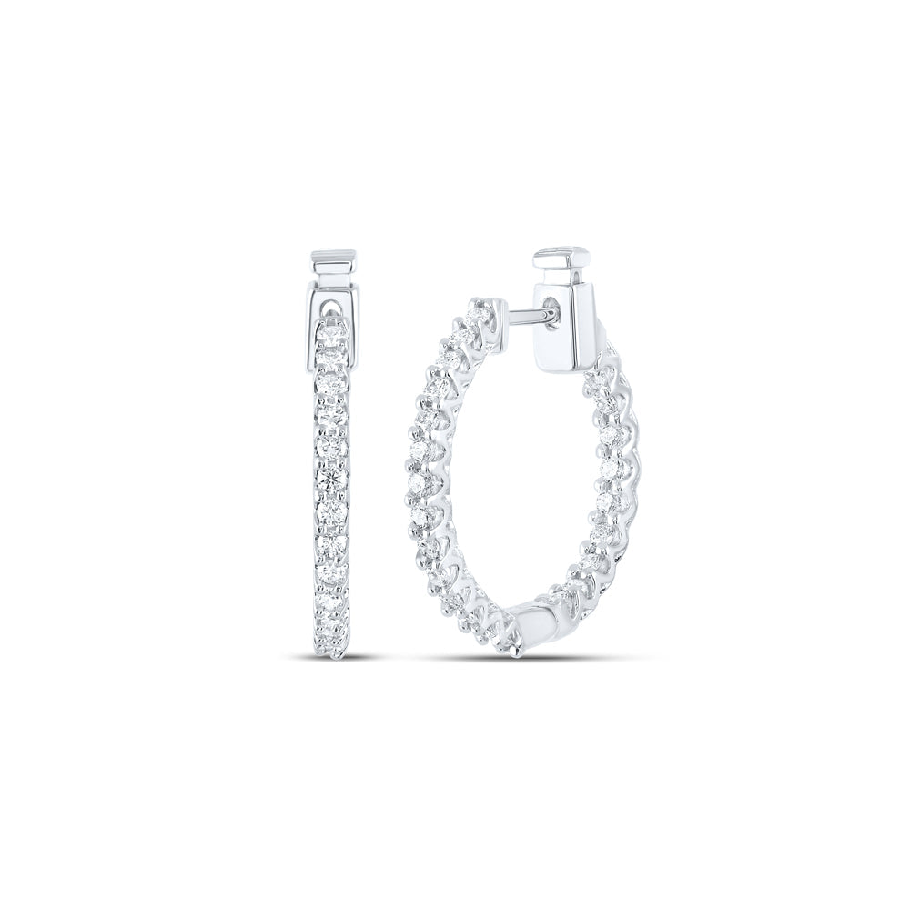 14kt White Gold Womens Round Diamond Inside Outside Hoop Earrings 3/4 Cttw