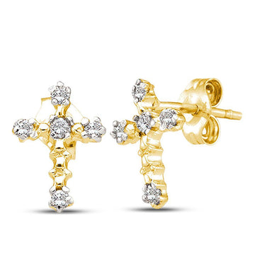 14kt Yellow Gold Womens Round Diamond Cross Earrings 1/20 Cttw