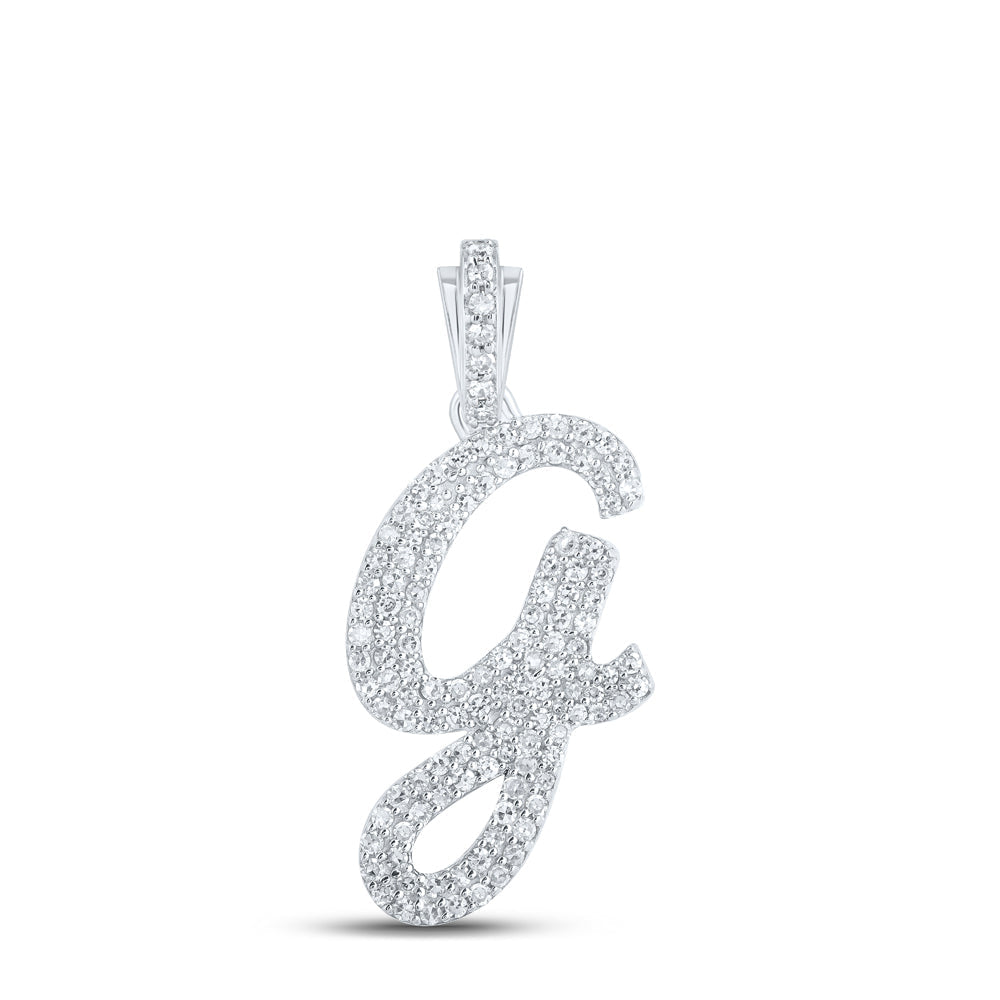 10kt White Gold Womens Round Diamond G Cursive Initial Letter Pendant 1/2 Cttw