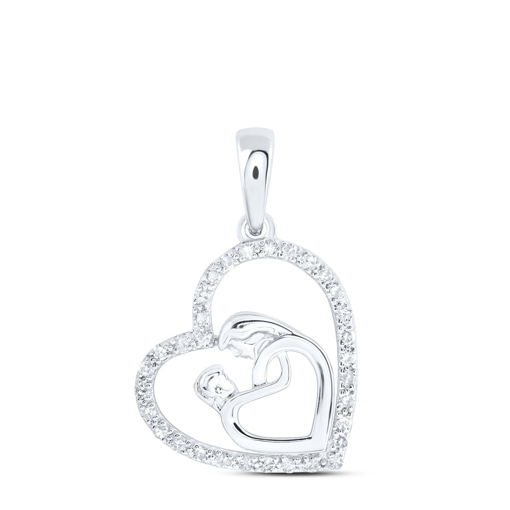 10kt White Gold Womens Round Diamond Mom Child Heart Pendant 1/6 Cttw