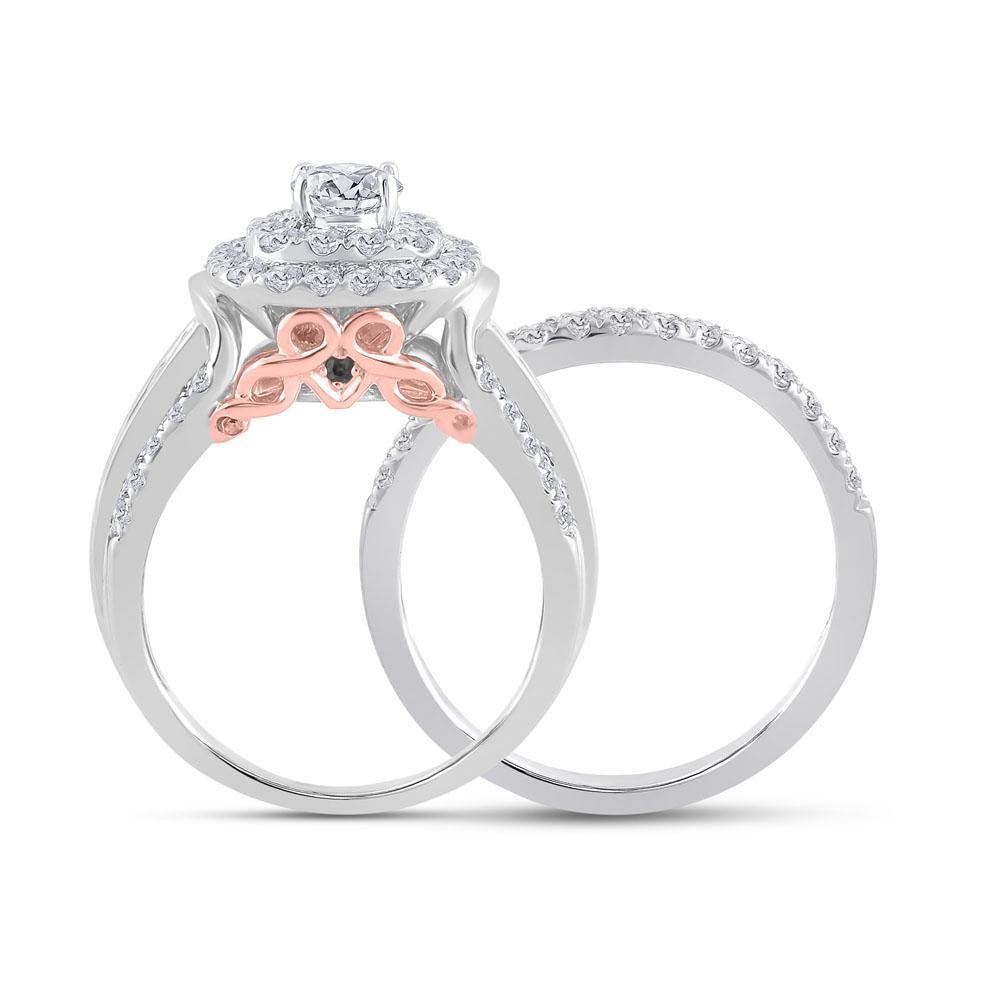 14kt White Gold Round Diamond Halo Bridal Wedding Ring Band Set 2 Cttw