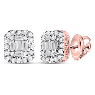 14kt Rose Gold Womens Baguette Diamond Square Cluster Earrings 1/2 Cttw