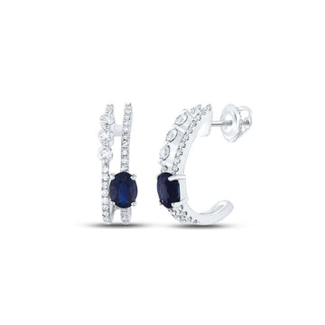 14kt White Gold Womens Oval Blue Sapphire Fashion J Hoop Earrings 3/4 Cttw