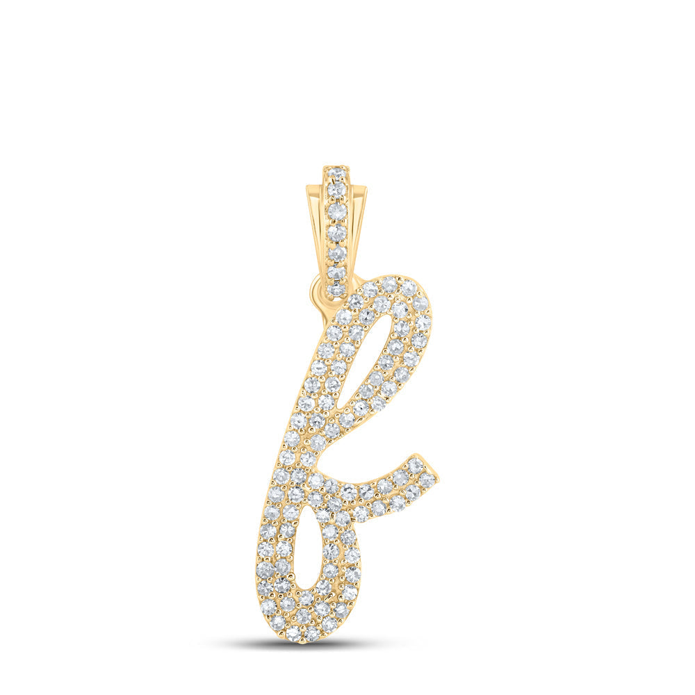 10kt Yellow Gold Womens Round Diamond F Cursive Initial Letter Pendant 3/8 Cttw