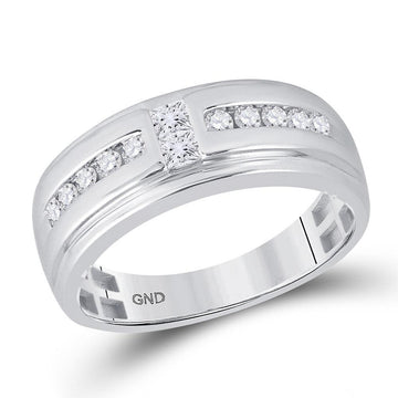 10kt White Gold Mens Princess Diamond Wedding 2-Stone Band Ring 1/2 Cttw