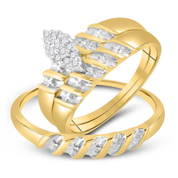 10k Yellow Gold Diamond Marquise-shape Cluster Bridal Wedding Trio Mens Womens Ring Band Set