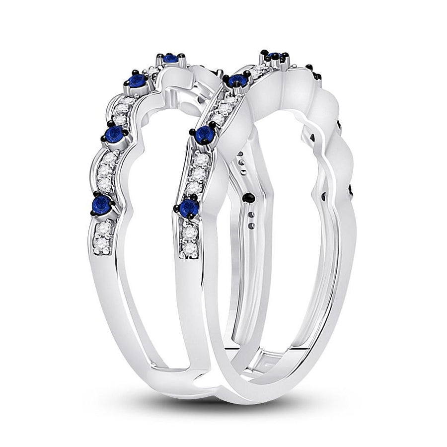 14kt White Gold Womens Round Diamond Blue Sapphire Negative Space Band Ring 1/3 Cttw