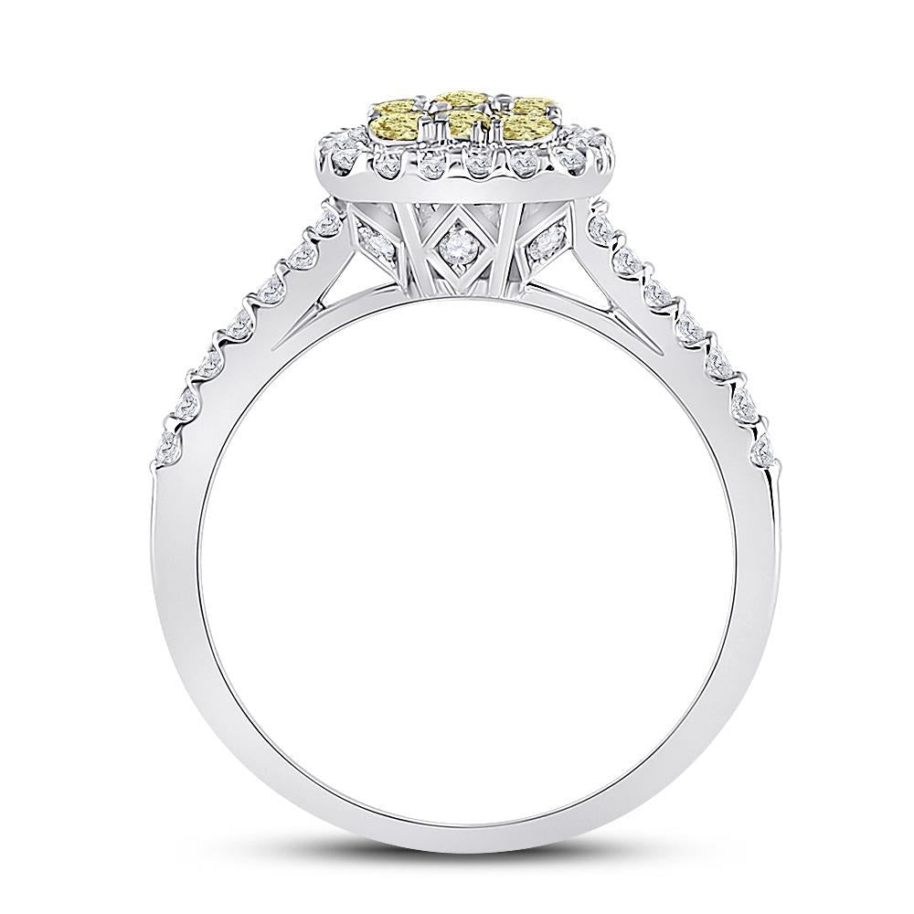 14kt White Gold Womens Round Yellow Diamond Square Cluster Ring 3/4 Cttw