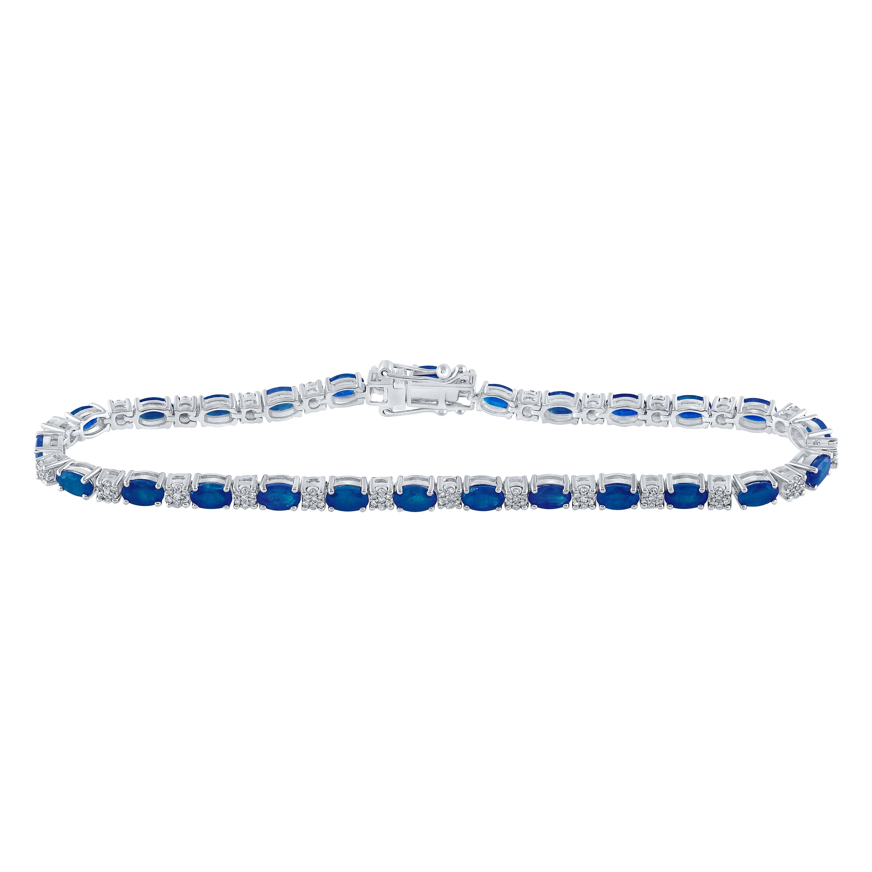 14kt White Gold Womens Oval Blue Sapphire Diamond Fashion Bracelet 7-3/8 Cttw