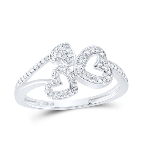 10kt White Gold Womens Round Diamond Triple Heart Ring 1/6 Cttw