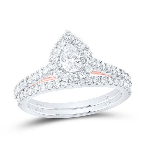 14kt Two-tone Gold Pear Diamond Halo Bridal Wedding Ring Band Set 1 Cttw