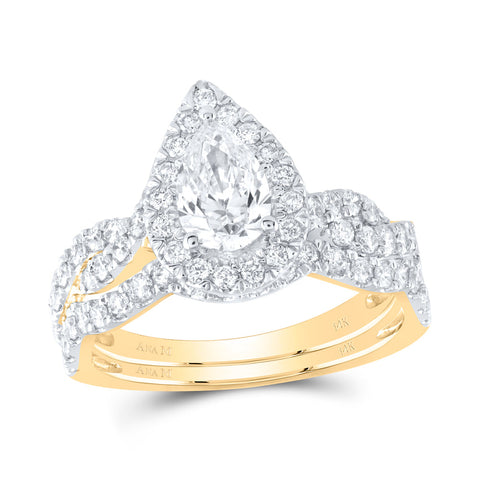 14kt Yellow Gold Pear Diamond Halo Bridal Wedding Ring Band Set 1-1/2 Cttw