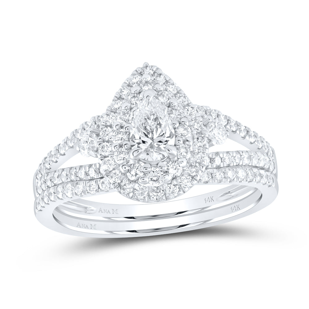 14kt White Gold Pear Diamond Bridal Wedding Ring Band Set 1 Cttw