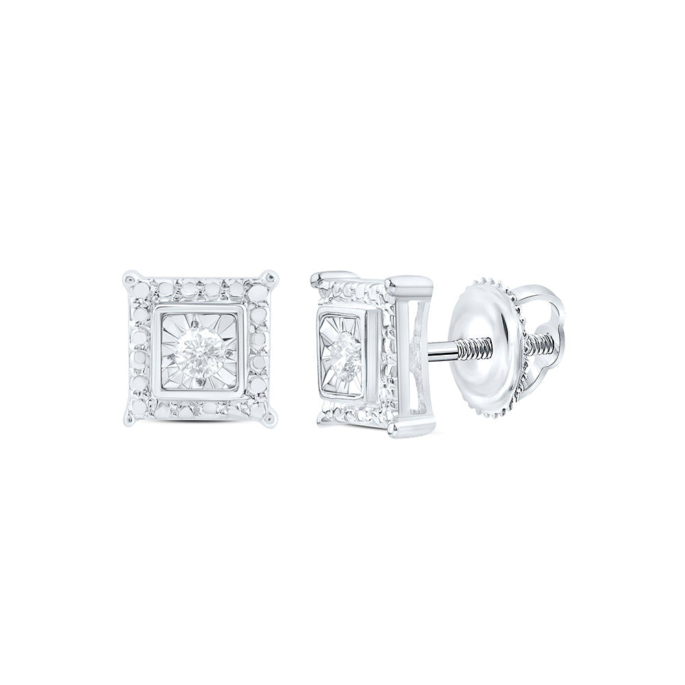 Sterling Silver Womens Round Diamond Solitaire Square Stud Earrings 1/10 Cttw