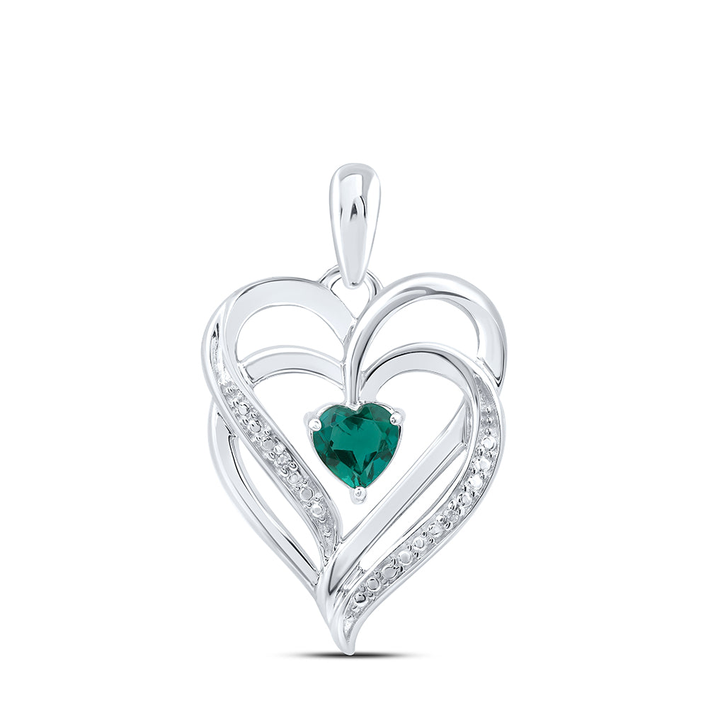 Sterling Silver Womens Round Synthetic Emerald Heart Pendant 5/8 Cttw