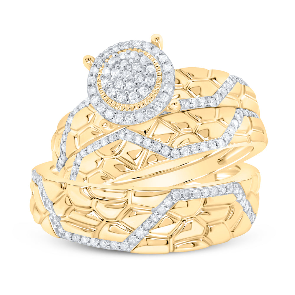 10kt Yellow Gold His Hers Round Diamond Cluster Matching Wedding Set 3/8 Cttw