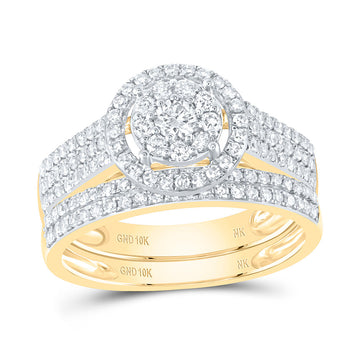 10kt Yellow Gold Round Diamond Cluster Bridal Wedding Ring Band Set 3/4 Cttw