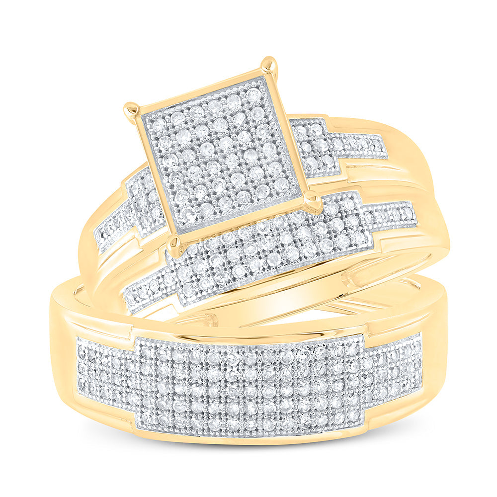 10kt Yellow Gold His Hers Round Diamond Square Matching Wedding Set 1/2 Cttw