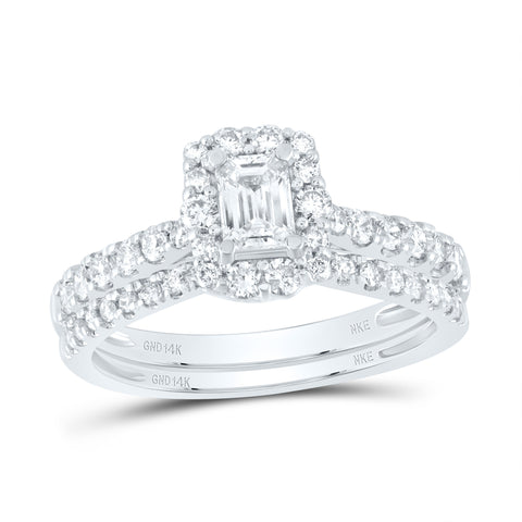 14kt White Gold Emerald Diamond Halo Bridal Wedding Ring Band Set 1 Cttw